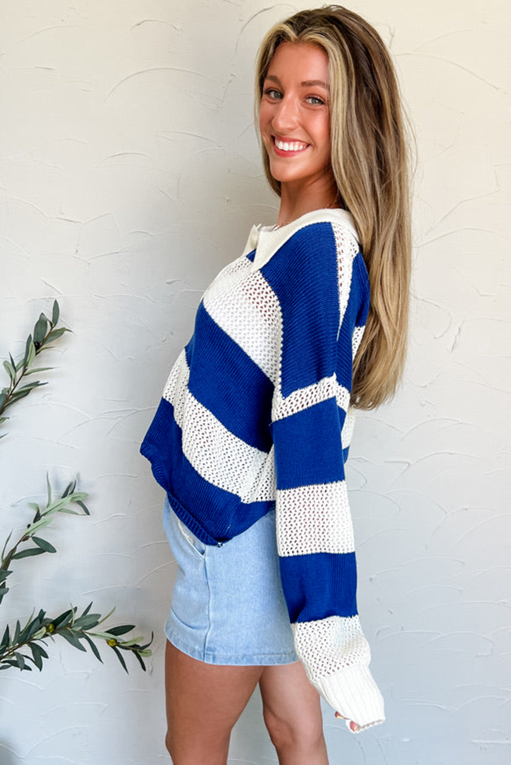 Blue Stripe Colorblock Polo Collar Eyelet Crochet Knit Sweater