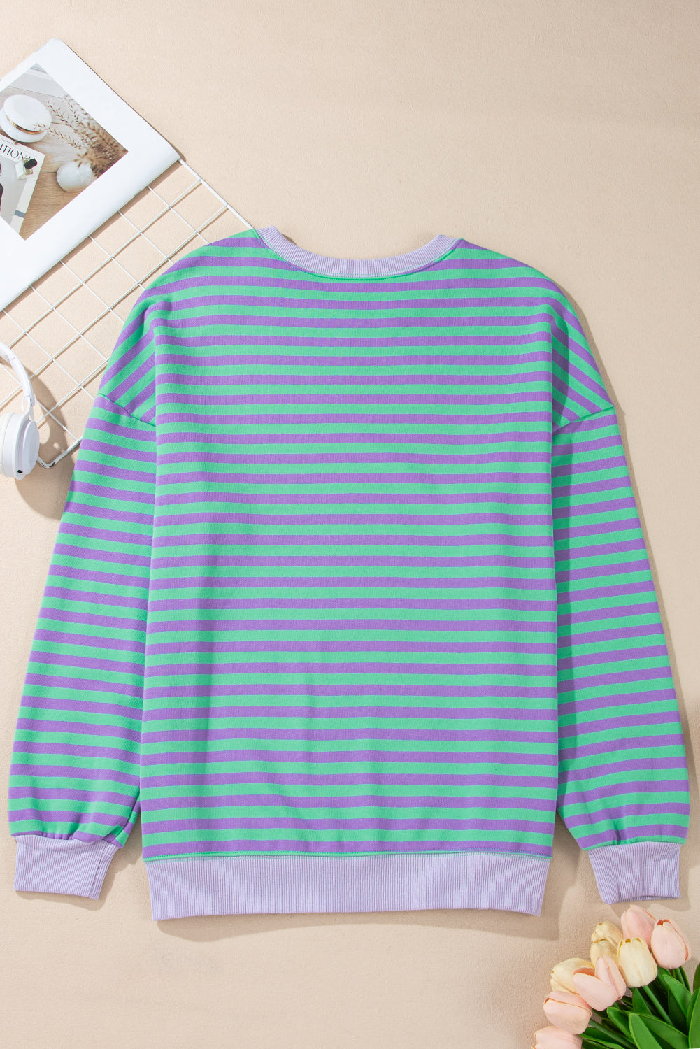 Blue Striped Contrast Trim Drop Shoulder Sweatshirt