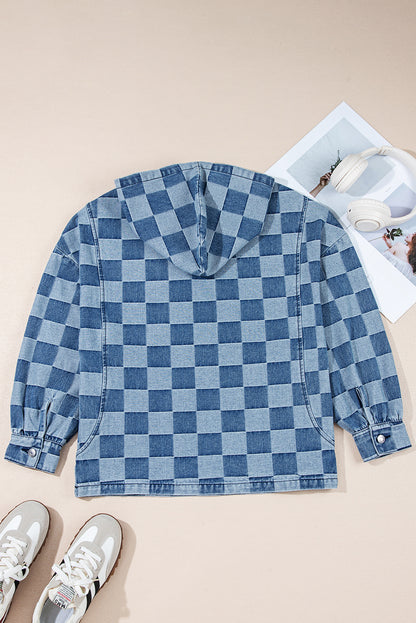 Sky Blue Checkerboard Zipped Collar Kangaroo Pocket Denim Hoodie