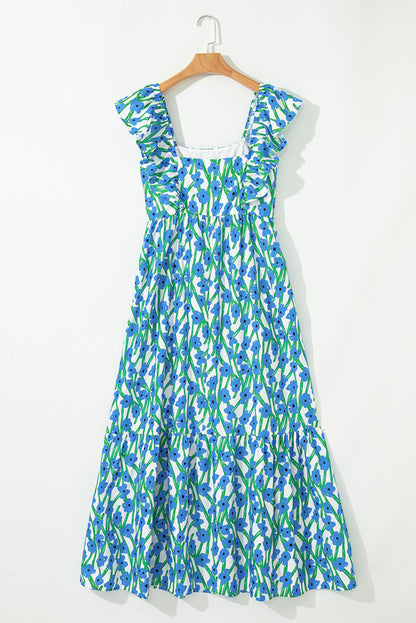 Blue Floral Print Square Neck Ruffled Strap Maxi Dress
