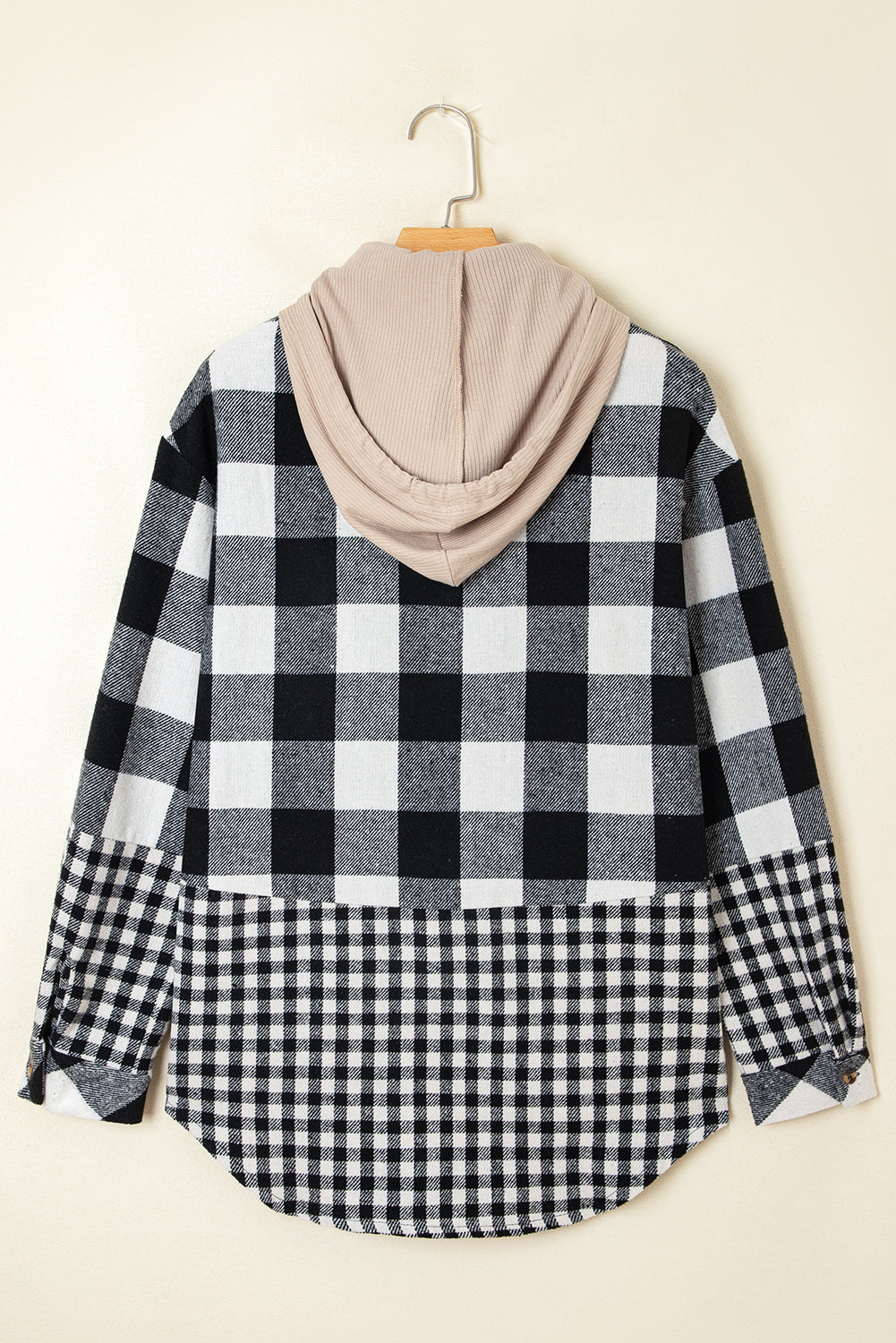 Black Plaid Patchwork Drawstring Hooded Raw Hem Shacket