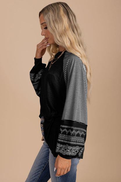 Black Contrast Print Striped Raglan Long Sleeve Loose Top