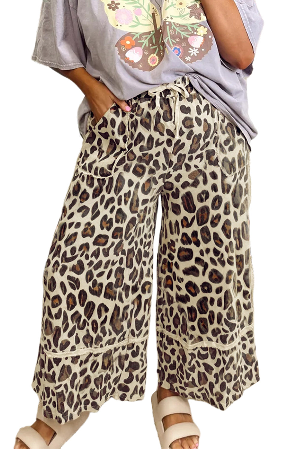 Khaki Leopard Drawstring Wide Leg Cropped Pants