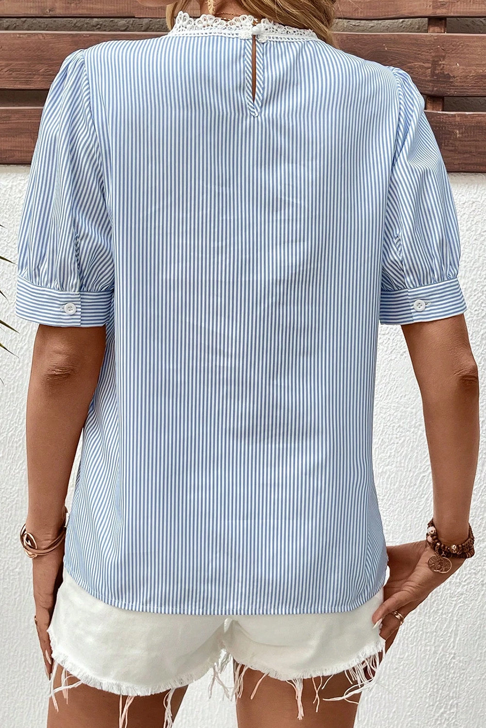 Sky Blue Striped Lace Floral Applique Puff Sleeve Blouse