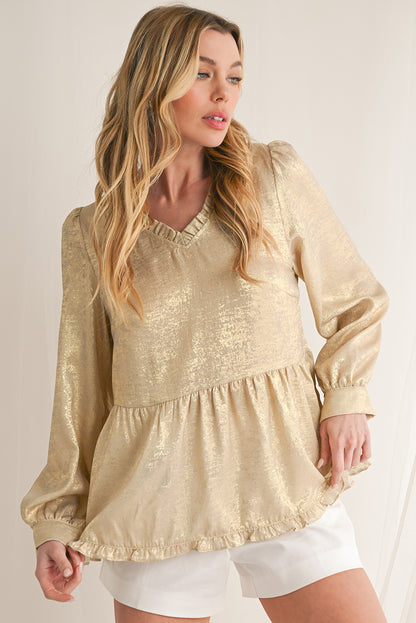 Gold Metallic Velvet Frill V Neck Puff Sleeve Babydoll Blouse