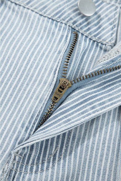 Sky Blue Striped Button Flap Pocket Cuffed Hem Wide Leg Jeans