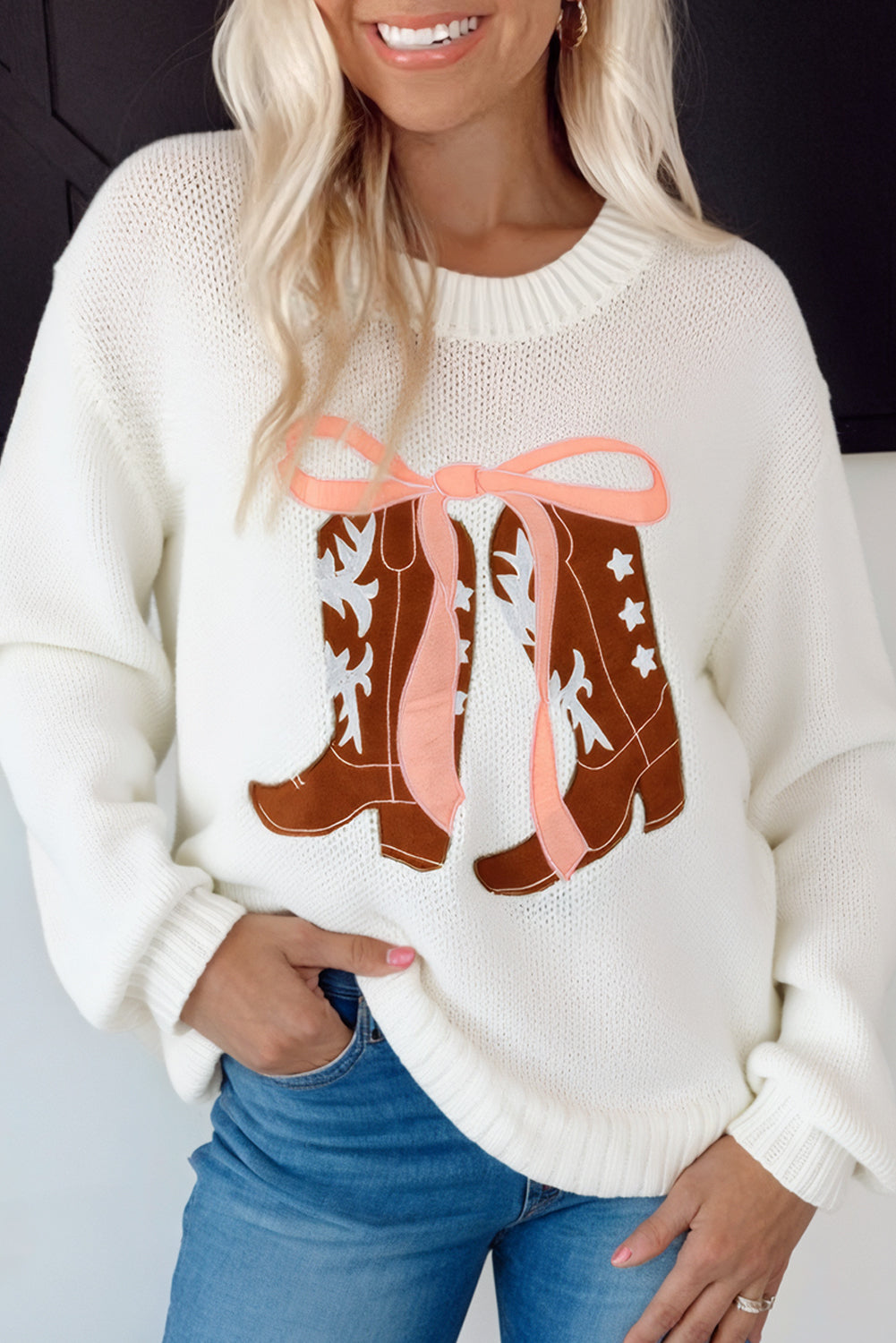 White Embroidered Bow Boots Graphic Drop Shoulder Sweater