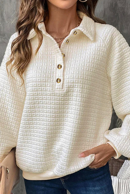 Beige Balloon Sleeve Casual Collared Button Sweatshirt