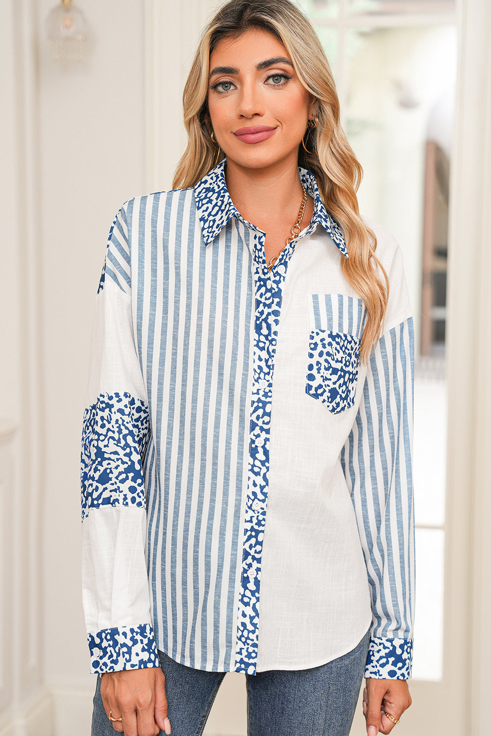 Sky Blue Leopard Striped Patchwork Button-up Shirt