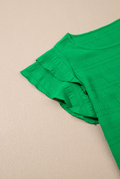 Dark Green Ruffle Sleeve Textured Smocked Blouse