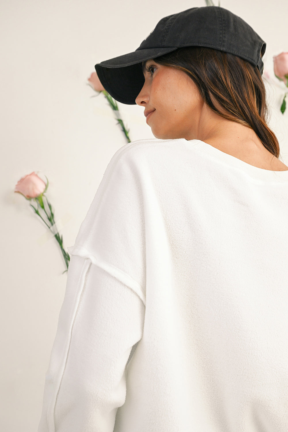 White Solid Color Drop Sleeve Pullover Sweatshirt