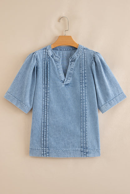 Myosotis Pleated Puff Sleeve Split V Neck Denim Top