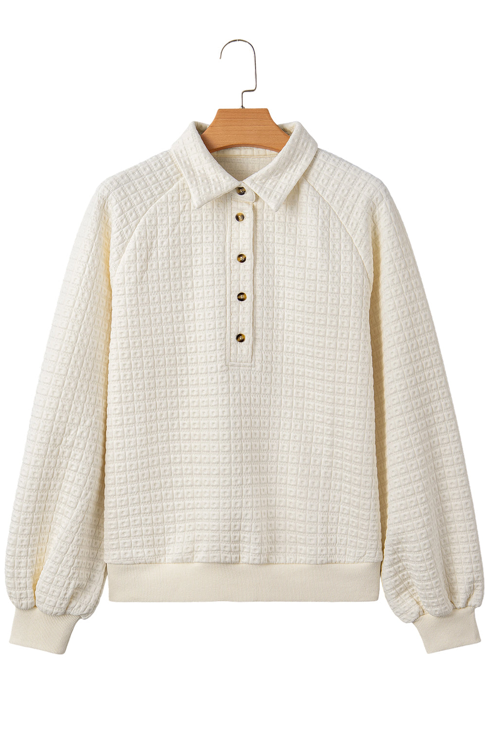 Beige Balloon Sleeve Casual Collared Button Sweatshirt