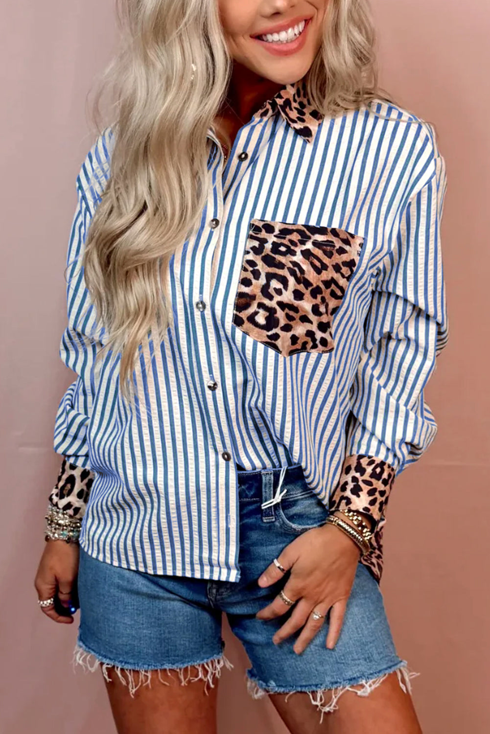 Sky Blue Leopard and Striped Patchwork Button Shirt