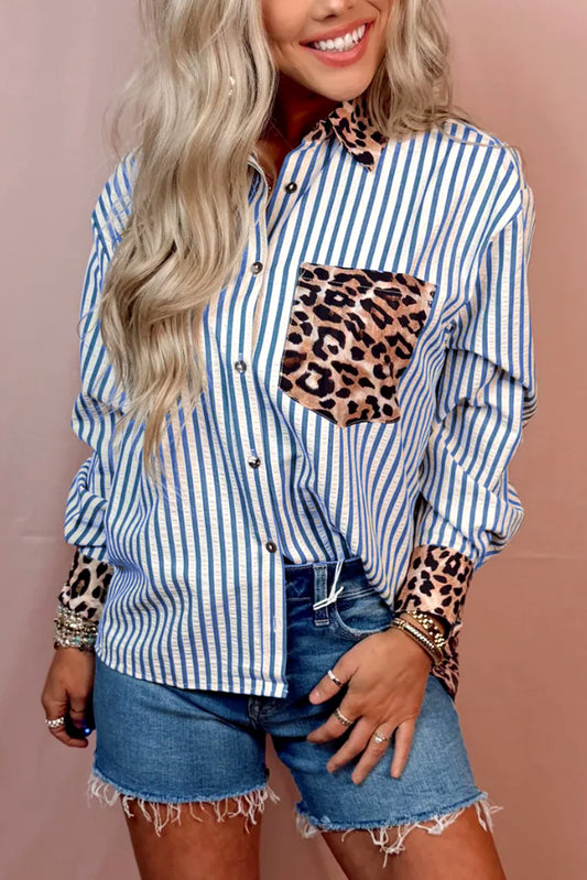 Sky Blue Leopard and Striped Patchwork Button Shirt