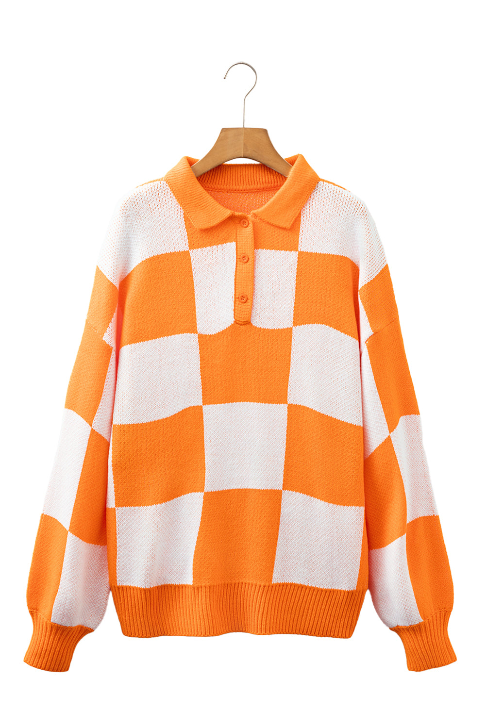 Grapefruit Orange Checkered V-Neck Collared Pullover Sweater