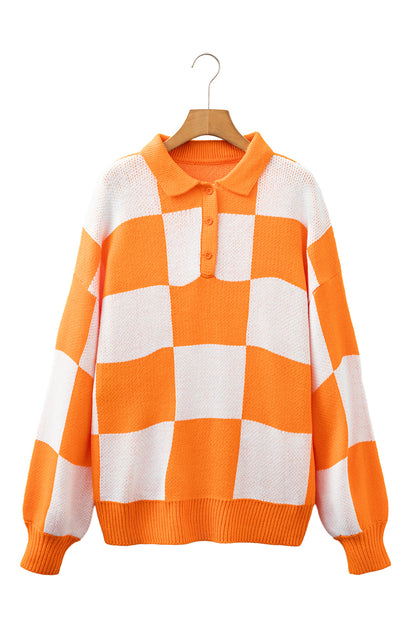 Grapefruit Orange Checkered V-Neck Collared Pullover Sweater