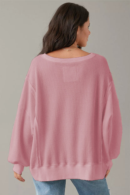 Pink Waffle Bishop Sleeve Split Oversized Sweatshirt