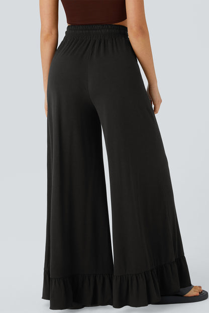 Black Solid Color Ruffle Hem Wide Leg Pants