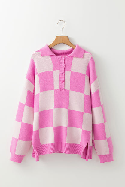 Pink Checkered Button Collared Sweater