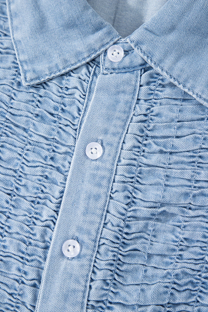 Beau Blue Flutter Sleeve Shirred Button Up Denim Mini Dress