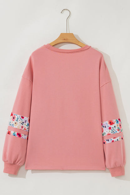 Peach Blossom Flower Applique Patchwork Drop Sleeve Pullover Sweatshirt