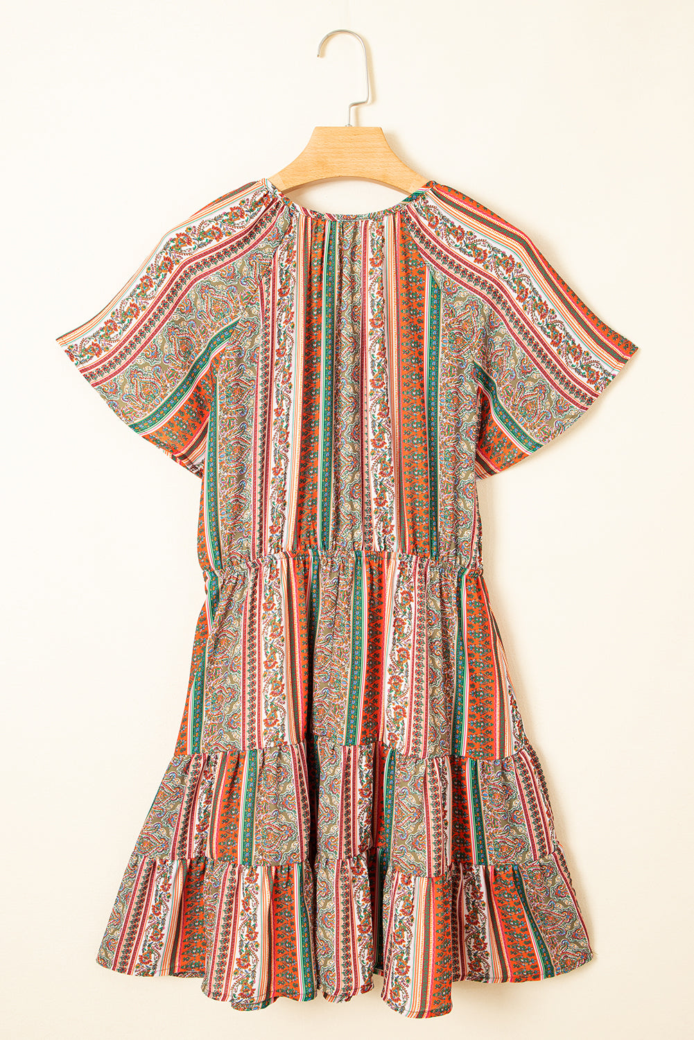 Red Bohemian Floral Print Buttoned V Neck Ruffle Tiered Dress