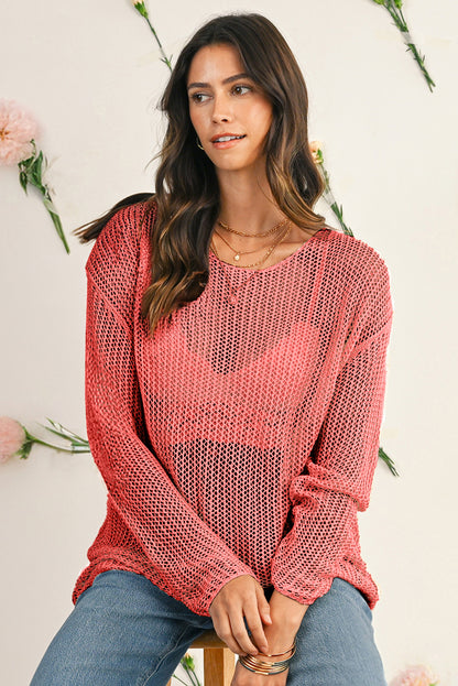 Coral Crochet Hollow-out Knit Sweater