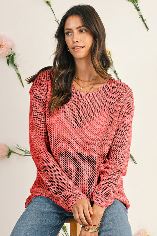 Coral Crochet Hollow-out Knit Sweater