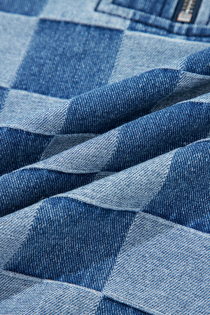 Sky Blue Checkerboard Zipped Collar Kangaroo Pocket Denim Hoodie