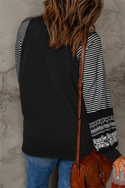 Black Contrast Print Striped Raglan Long Sleeve Loose Top