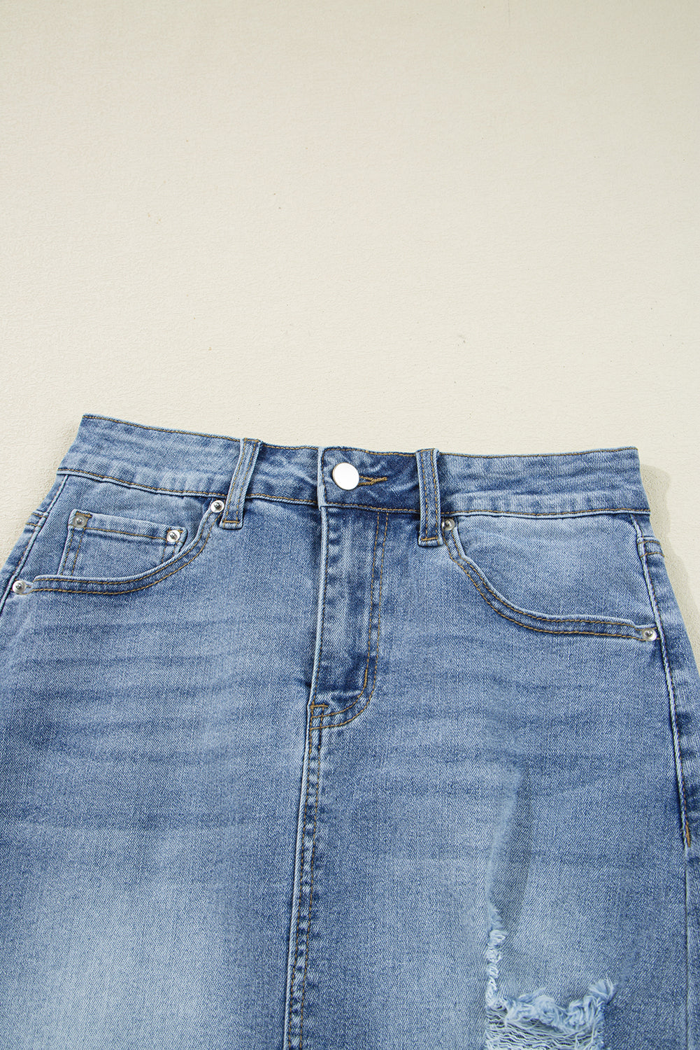 Myosotis Irregular Distressed Hem Denim Midi Skirt