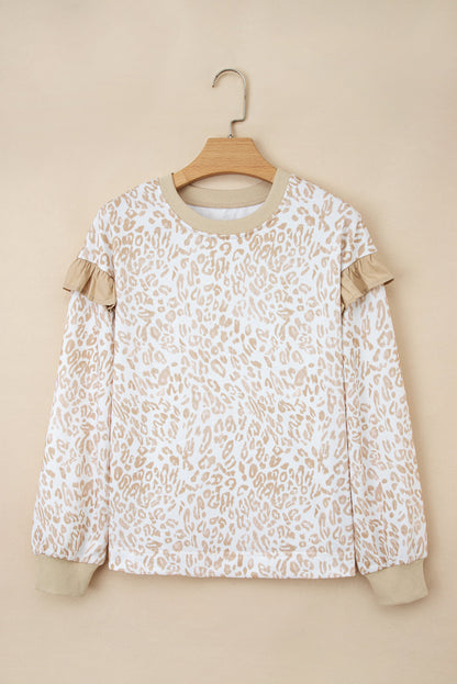 Khaki Ribbed Trim Ruffle Detail Leopard Round Neck Sweatshirt