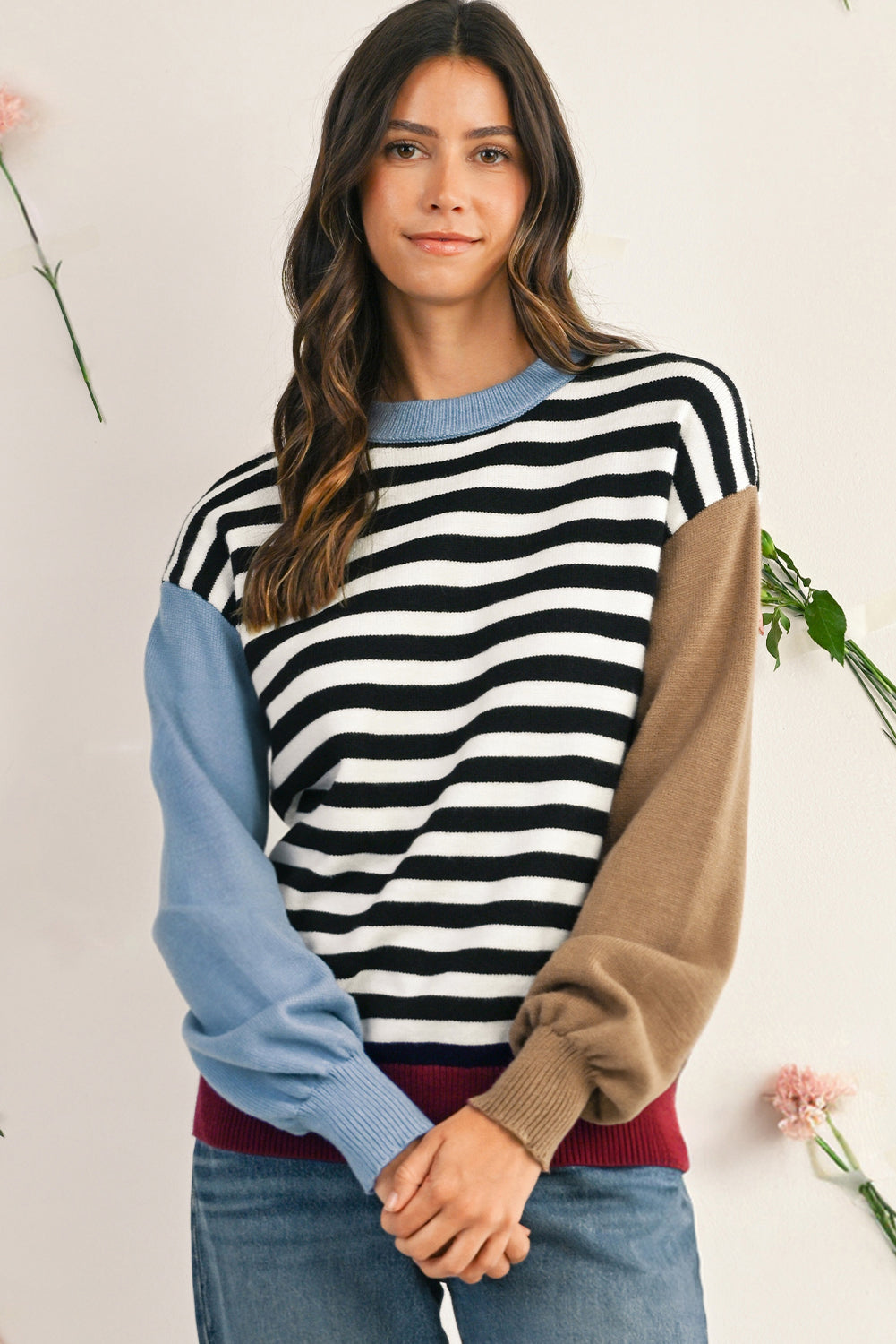 Black Striped Colorblock Patchwork Long Sleeve Sweater