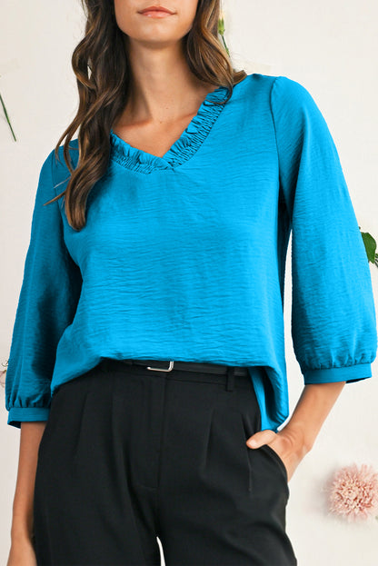 Sky Blue Frill V Neckline Puff Sleeve Crinkled Blouse