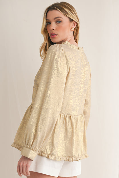 Gold Metallic Velvet Frill V Neck Puff Sleeve Babydoll Blouse