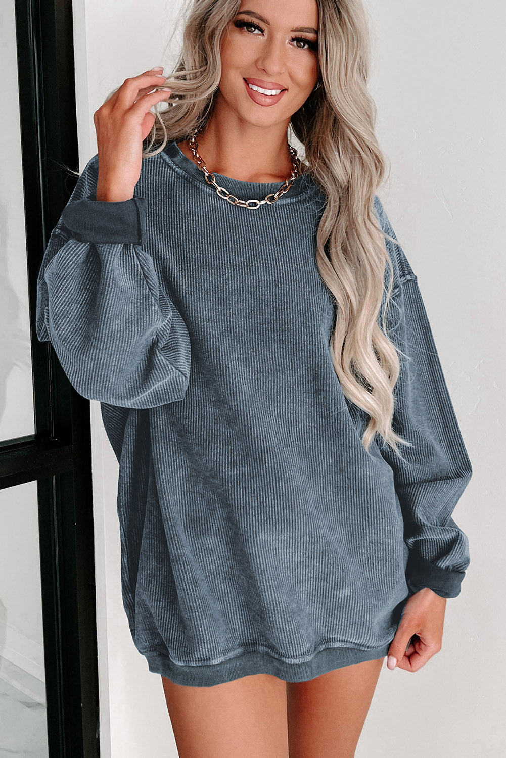 Blue Plain Solid Ribbed Knit Round Neck Pullover Sweatshirt