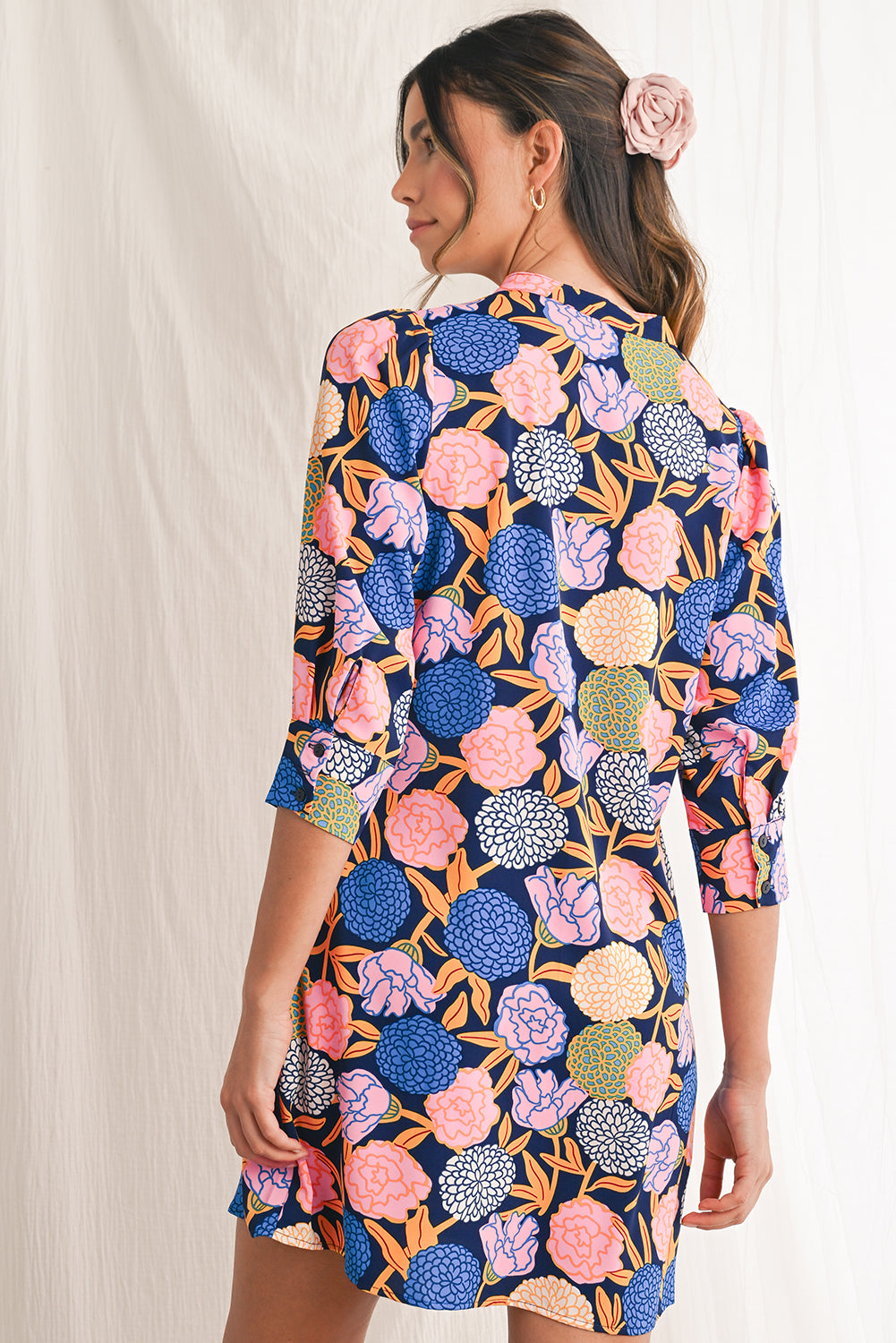 Navy Blue Hydrangea Floral V Neck Puff Sleeve Dress