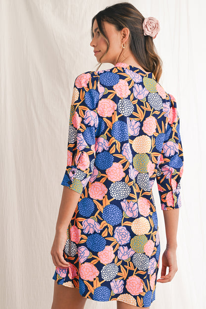 Navy Blue Hydrangea Floral V Neck Puff Sleeve Dress