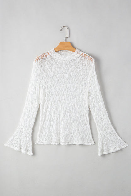 White Sheer Lace Bell Sleeve Mock Neck Blouse