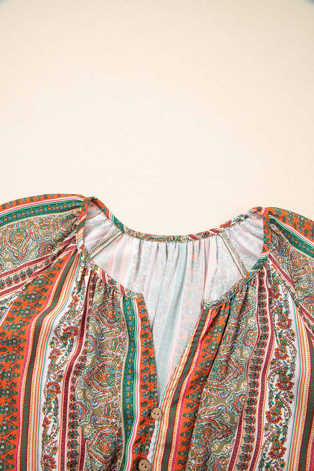 Red Bohemian Floral Print Buttoned V Neck Ruffle Tiered Dress