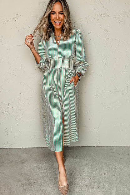 Green Striped V Neck Zip Front Cinched High Waist Midi Dress