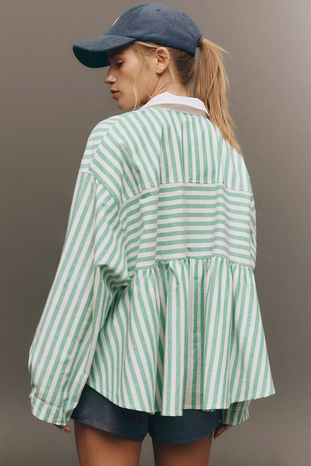 Green Striped Zipper Collar Long Sleeve Top