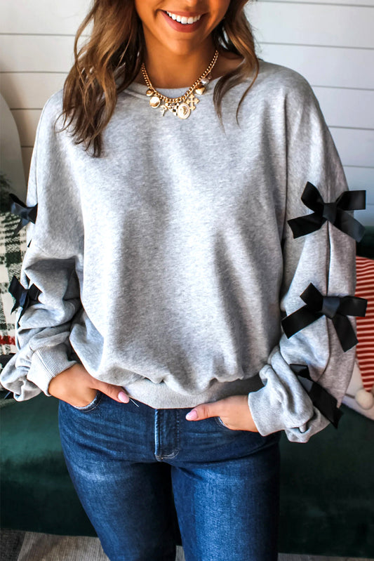 Light Grey Bowknot Long Sleeve Round Neck Sweatshirt