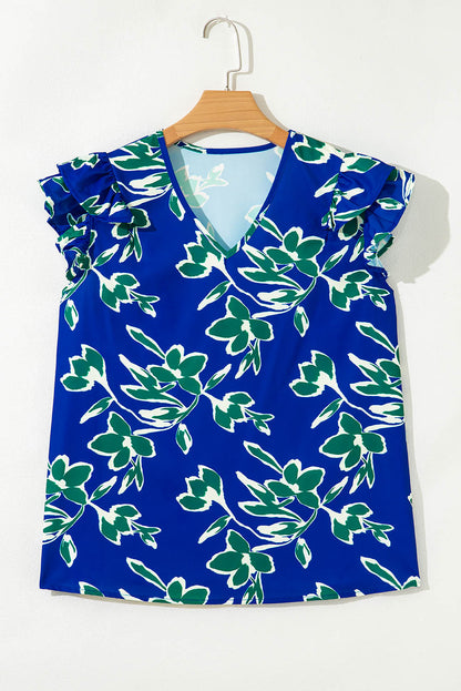 Blue V Neck Floral Print Ruffle Short Sleeve Blouse