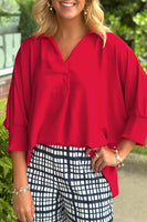 Fiery Red Solid Color Collared Loose Tunic Top
