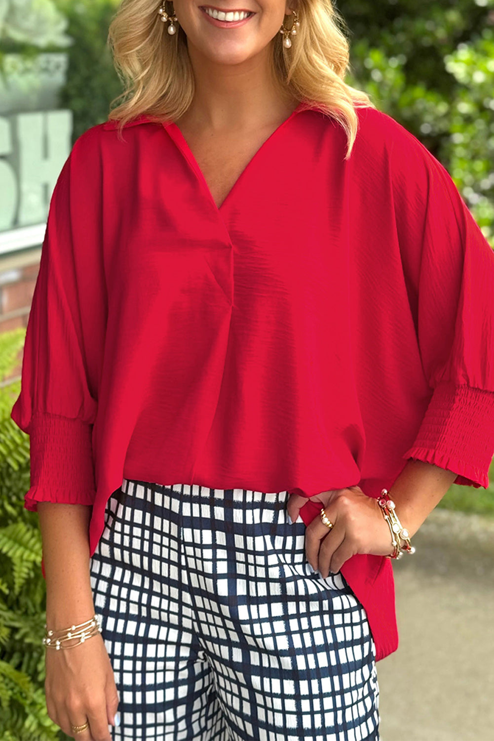 Fiery Red Solid Color Collared Loose Tunic Top