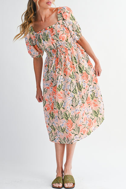 Apricot Pink Floral Knot Front Smocked Bubble Sleeve Dress