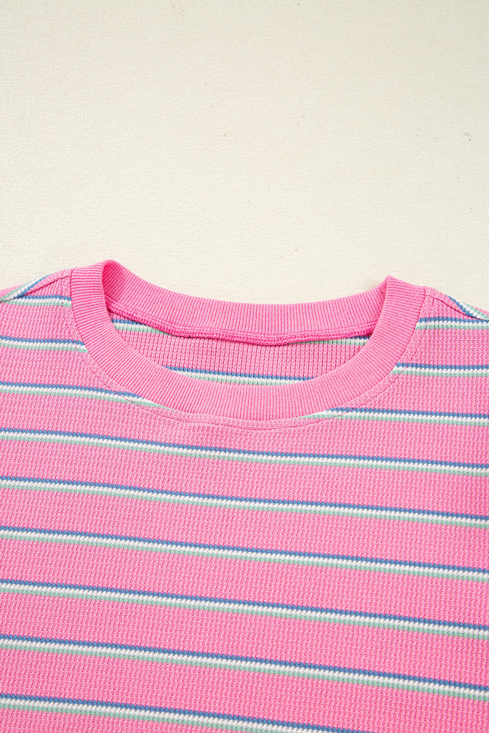 Rose Striped Textured Knit Puff Sleeve Round Neck Top