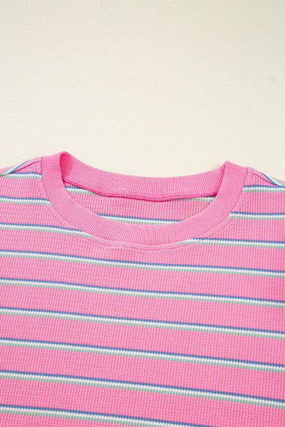 Rose Striped Textured Knit Puff Sleeve Round Neck Top
